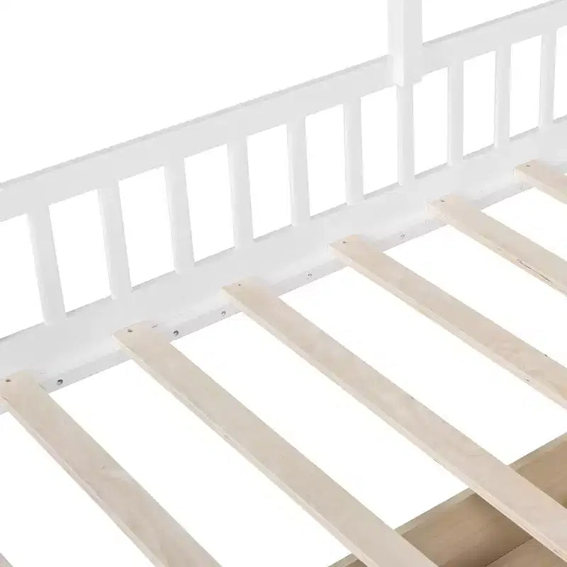 Lit double jumeau avec canapé, 2 tiroirs et étagère de rangement, lit plateforme pour enfants, blanc