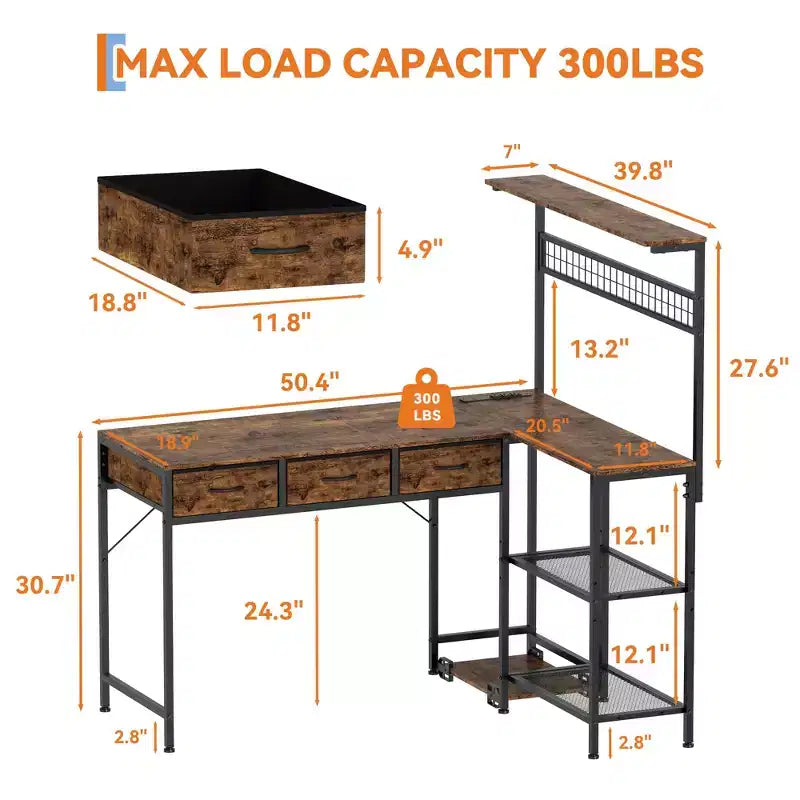 Bureau d'angle en L avec 3 tiroirs, bureau réversible