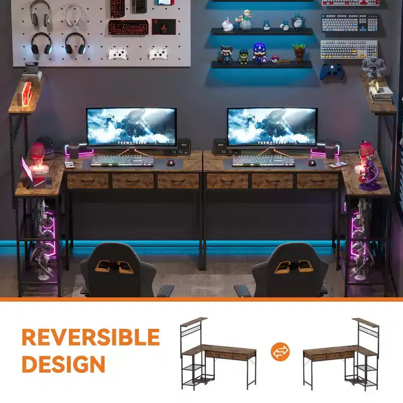 Bureau d'angle en L avec 3 tiroirs, bureau réversible