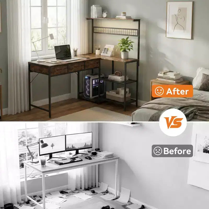 Bureau d'angle en L avec 3 tiroirs, bureau réversible