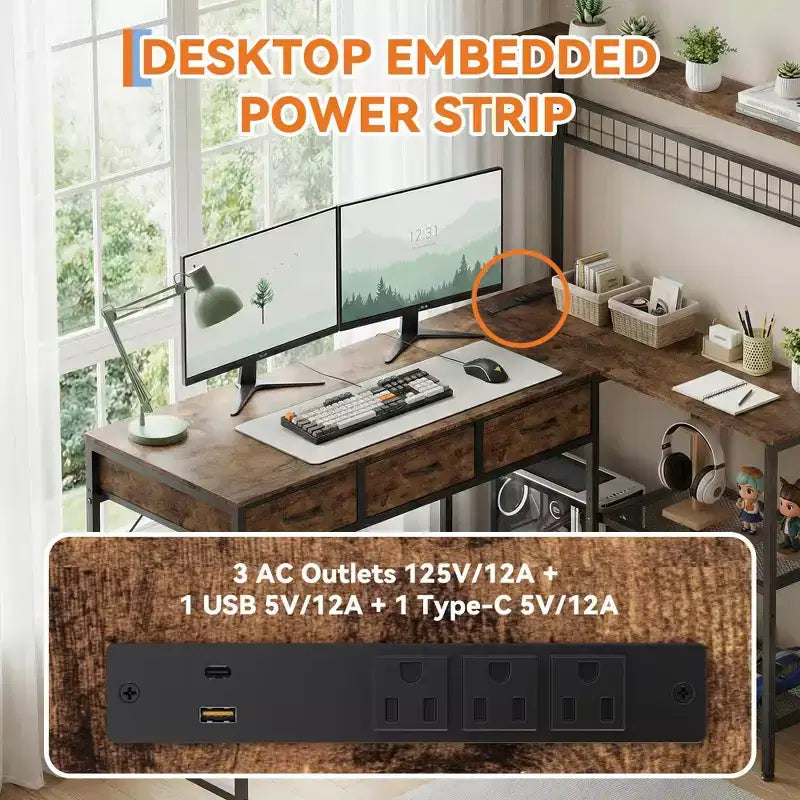 Bureau d'angle en L avec 3 tiroirs, bureau réversible