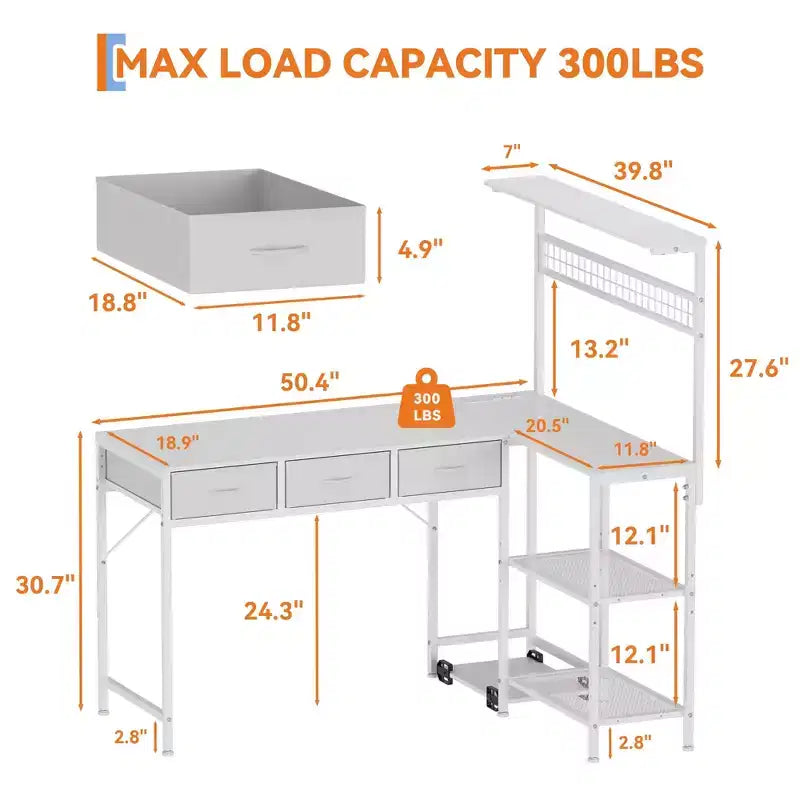 Bureau d'angle en L avec 3 tiroirs, bureau réversible