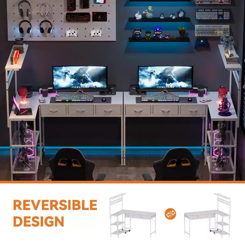 Bureau d'angle en L avec 3 tiroirs, bureau réversible