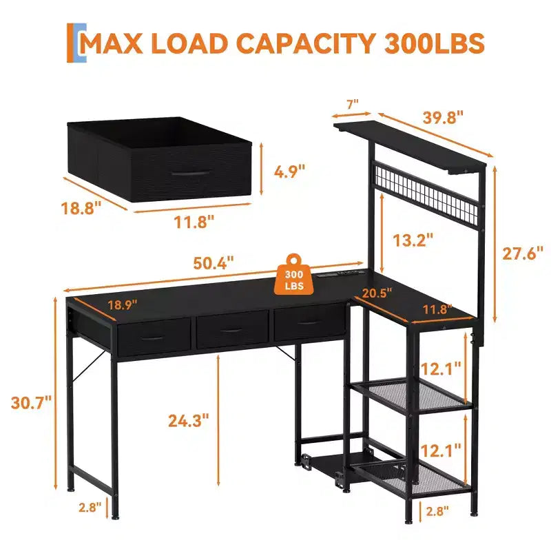 Bureau d'angle en L avec 3 tiroirs, bureau réversible