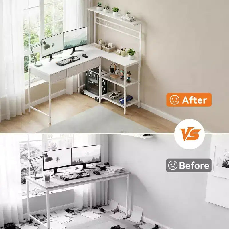 Bureau d'angle en L avec 3 tiroirs, bureau réversible
