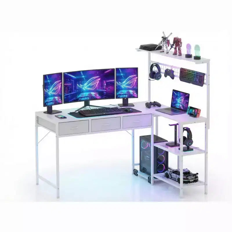 Bureau d'angle en L avec 3 tiroirs, bureau réversible