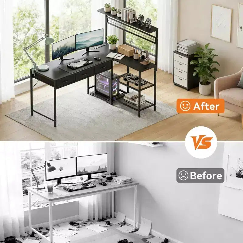 Bureau d'angle en L avec 3 tiroirs, bureau réversible
