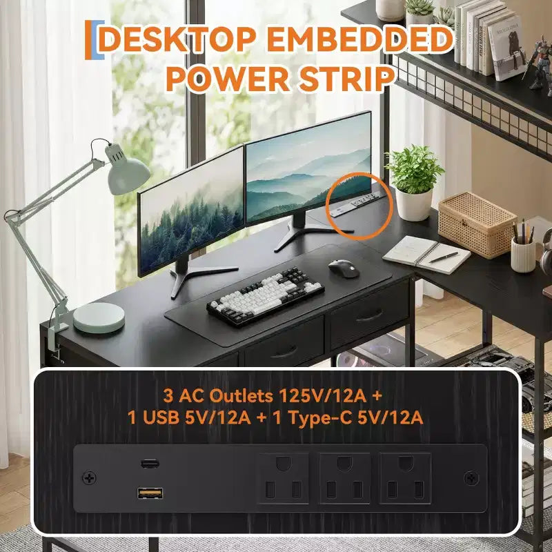 Bureau d'angle en L avec 3 tiroirs, bureau réversible