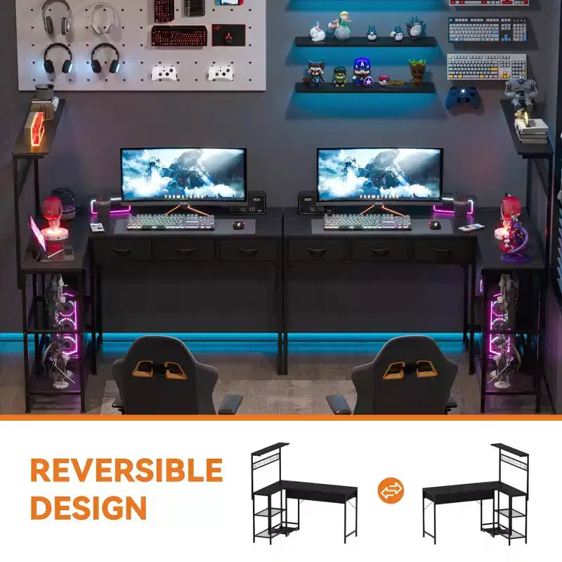 Bureau d'angle en L avec 3 tiroirs, bureau réversible