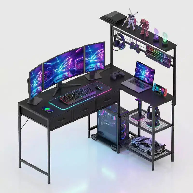 Bureau d'angle en L avec 3 tiroirs, bureau réversible