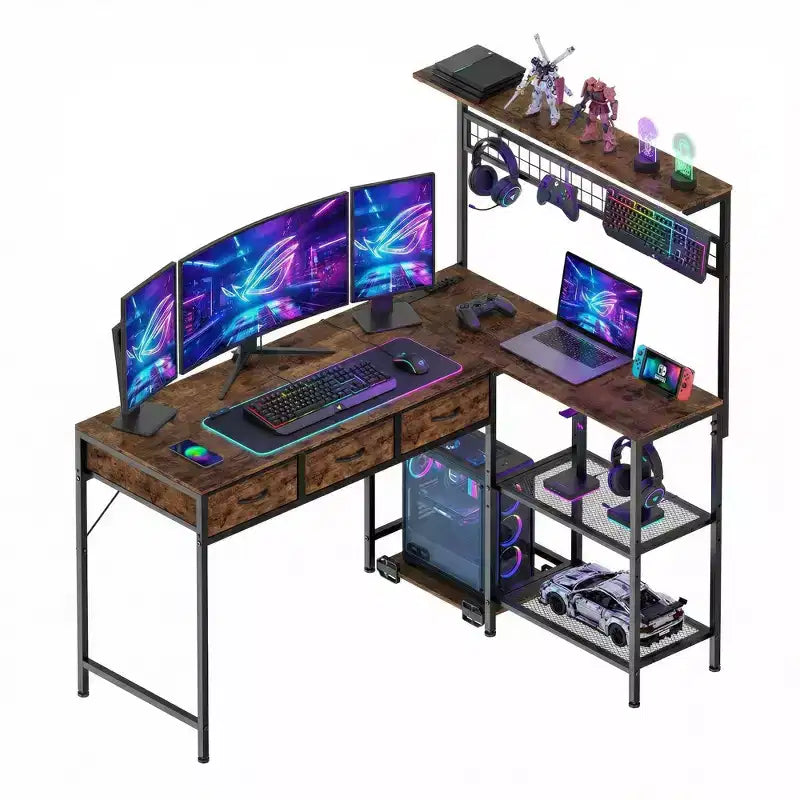 Bureau d'angle en L avec 3 tiroirs, bureau réversible