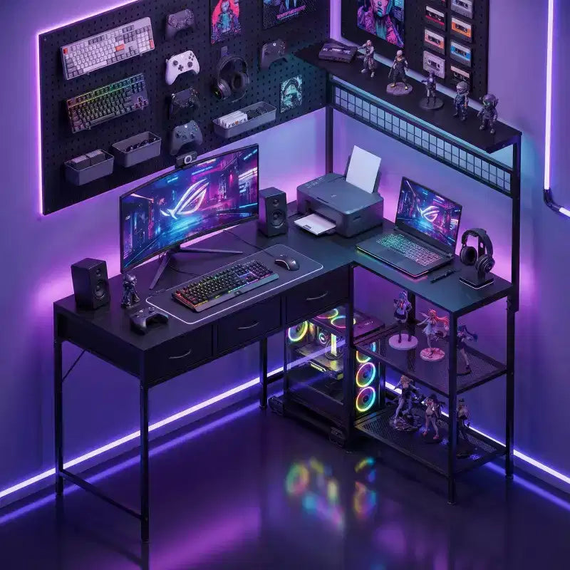 L Shaped Computer Desk with 3 Drawers, Reversible Corner Desk with Bookshelf &amp; 3-Tier Storage for Home Office