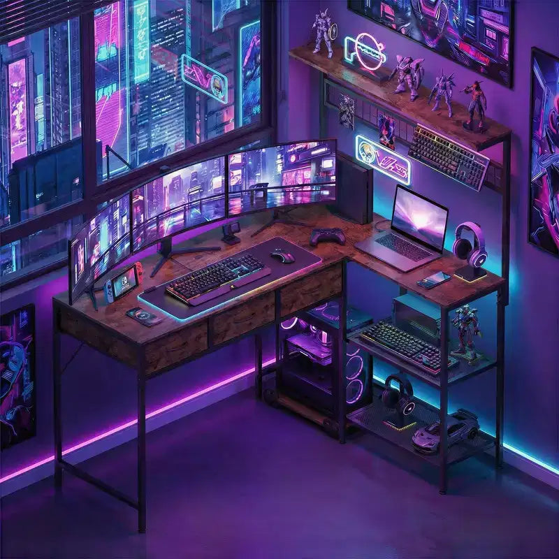 Bureau d'angle en L avec 3 tiroirs, bureau réversible