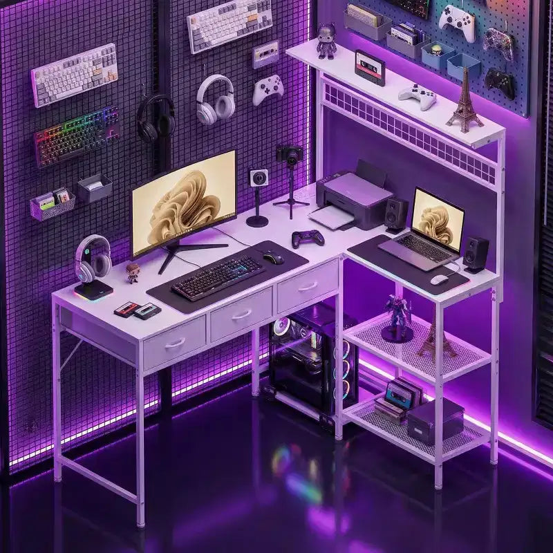 Bureau d'angle en L avec 3 tiroirs, bureau réversible