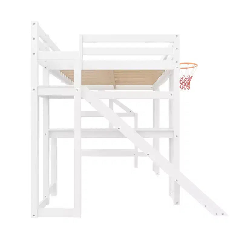 Lit mezzanine en bois massif avec bureau, toboggan, panier de basket et escalier de rangement