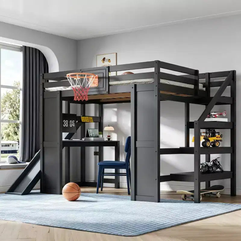 Lit mezzanine en bois massif avec bureau, toboggan, panier de basket et escalier de rangement