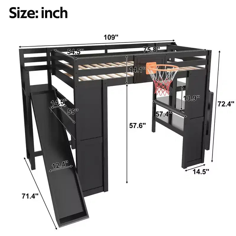 Lit mezzanine en bois massif avec bureau, toboggan, panier de basket et escalier de rangement