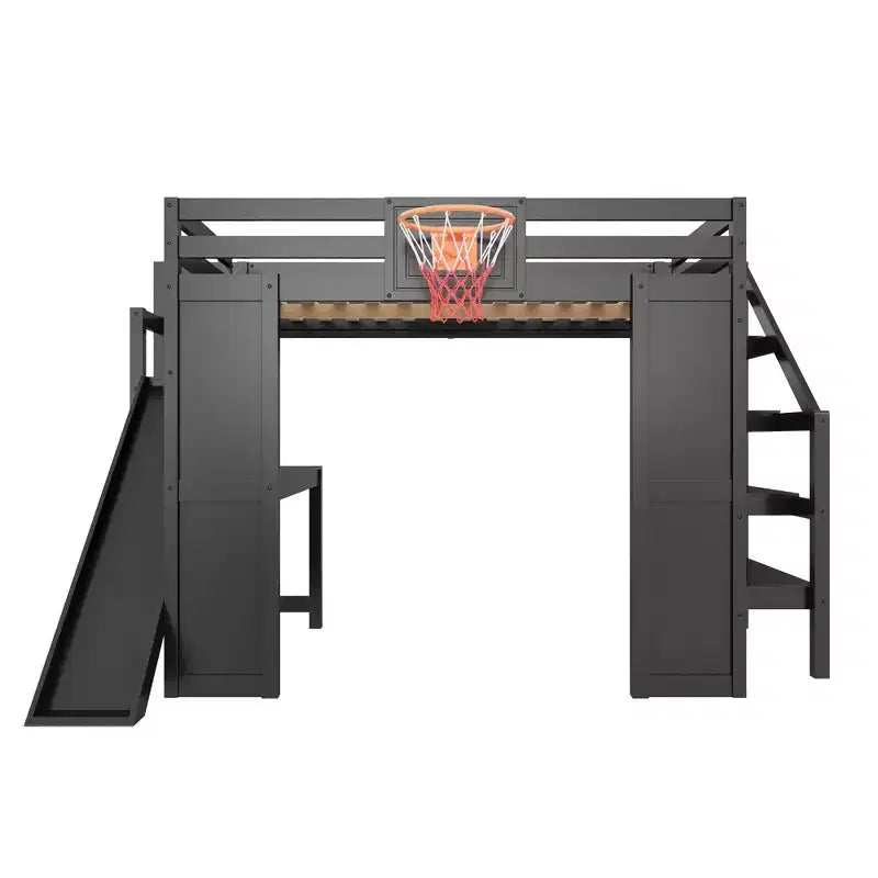 Lit mezzanine en bois massif avec bureau, toboggan, panier de basket et escalier de rangement