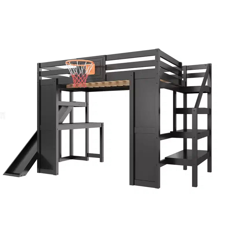 Lit mezzanine en bois massif avec bureau, toboggan, panier de basket et escalier de rangement