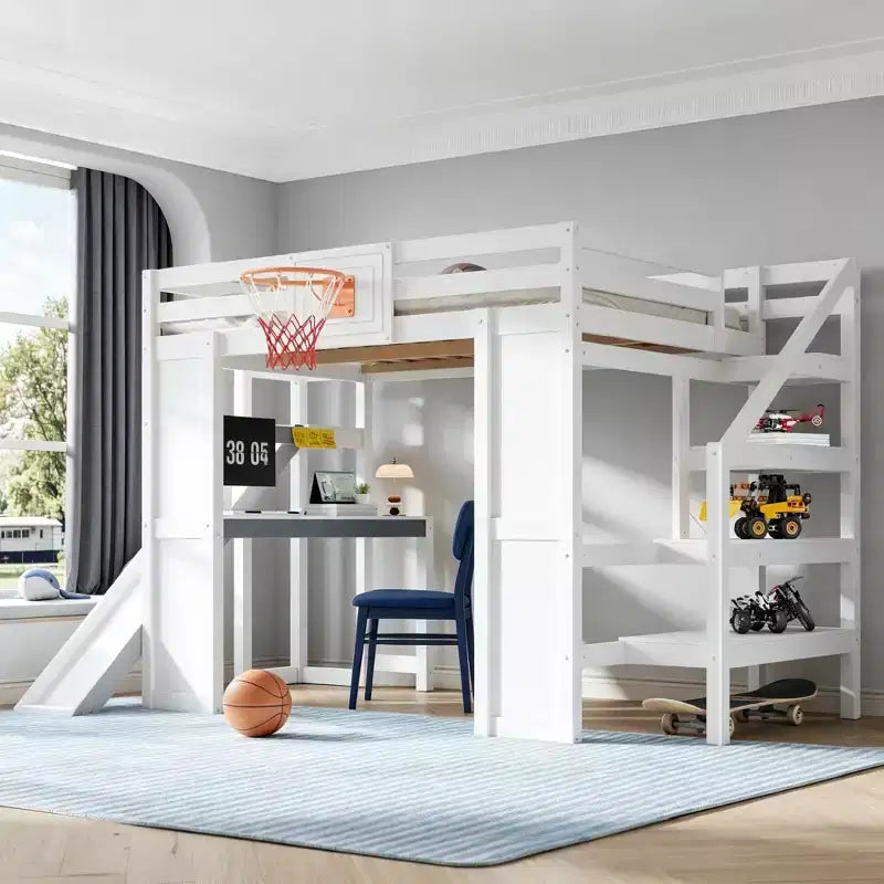 Lit mezzanine en bois massif avec bureau, toboggan, panier de basket et escalier de rangement