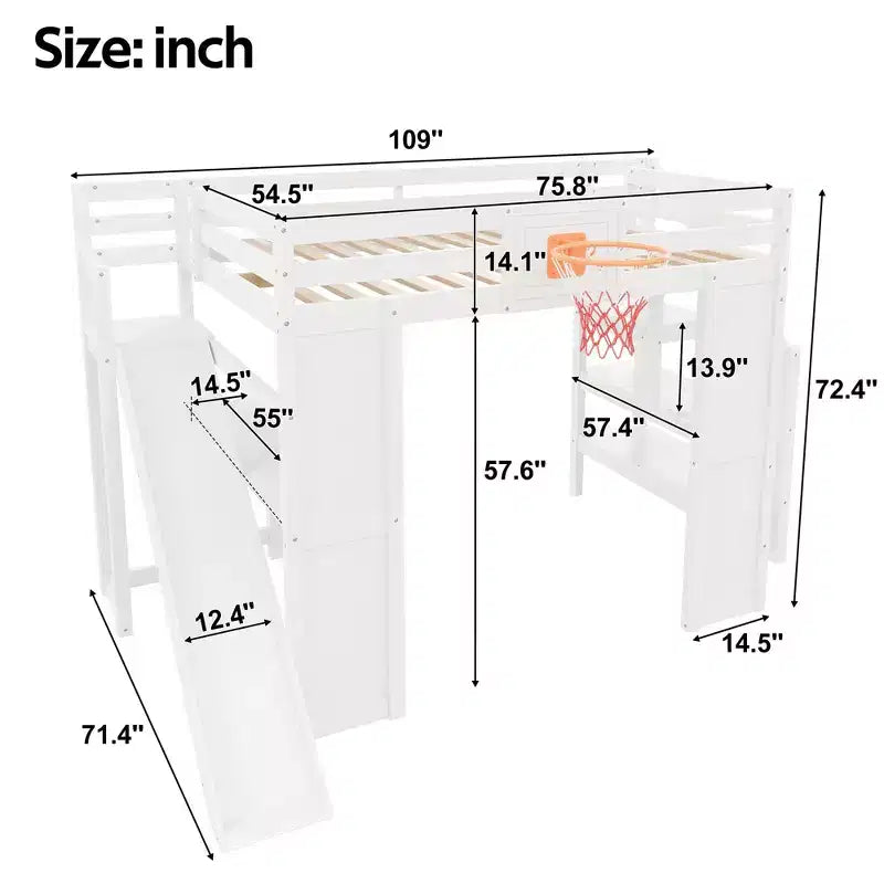 Lit mezzanine en bois massif avec bureau, toboggan, panier de basket et escalier de rangement