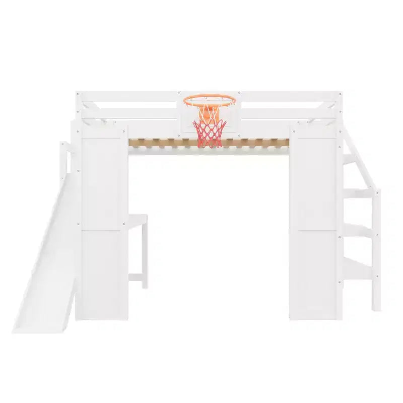 Lit mezzanine en bois massif avec bureau, toboggan, panier de basket et escalier de rangement