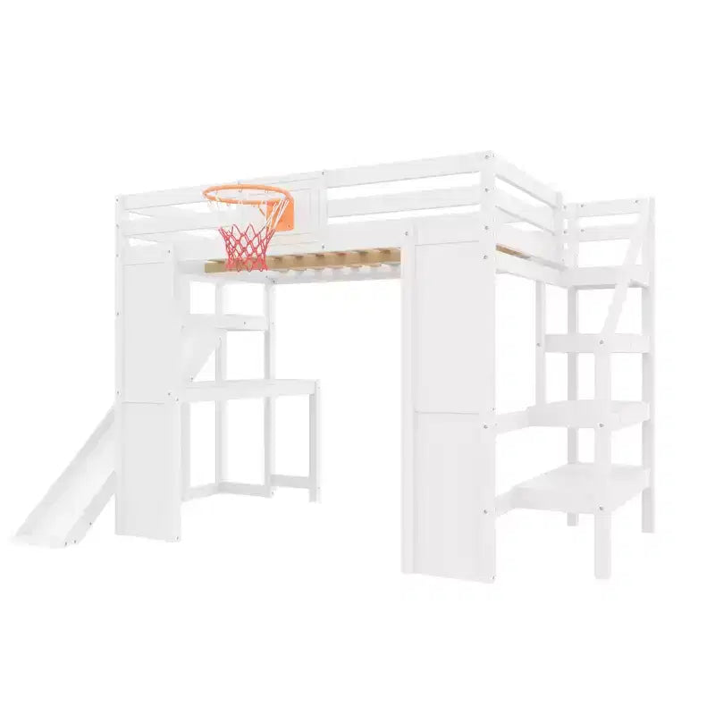 Lit mezzanine en bois massif avec bureau, toboggan, panier de basket et escalier de rangement