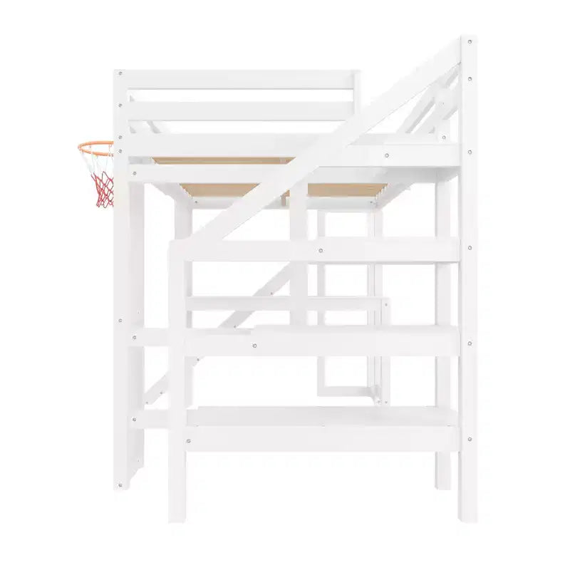 Lit mezzanine en bois massif avec bureau, toboggan, panier de basket et escalier de rangement