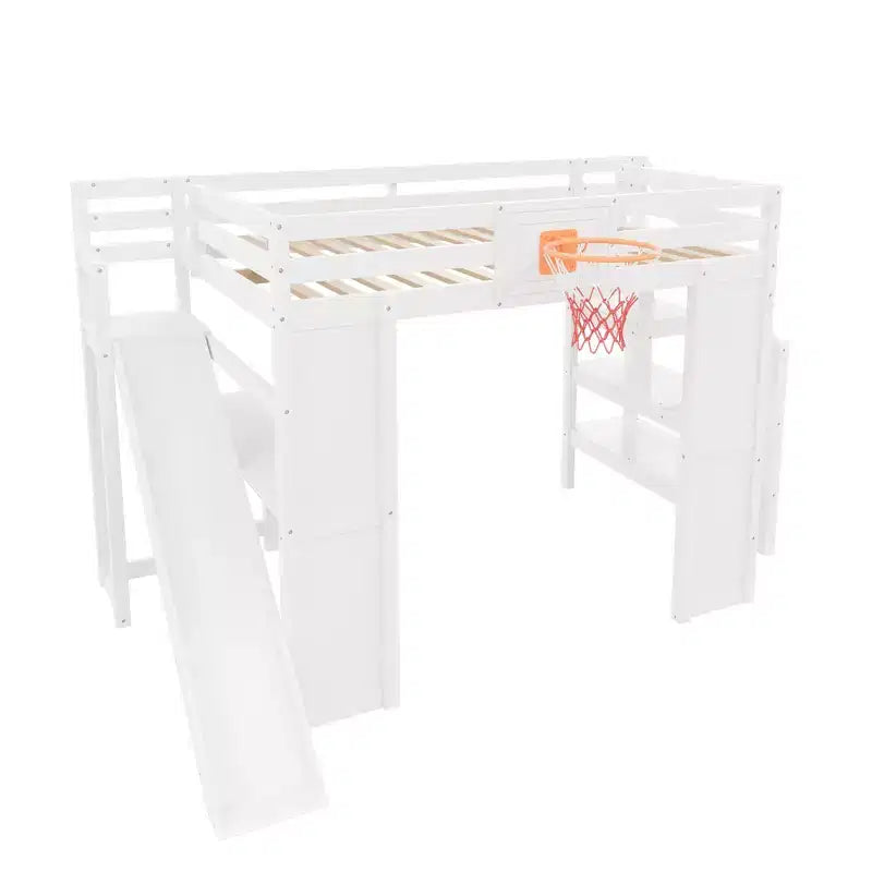 Lit mezzanine en bois massif avec bureau, toboggan, panier de basket et escalier de rangement