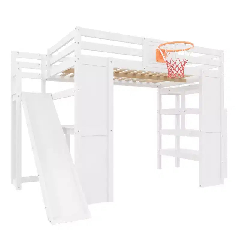 Lit mezzanine en bois massif avec bureau, toboggan, panier de basket et escalier de rangement