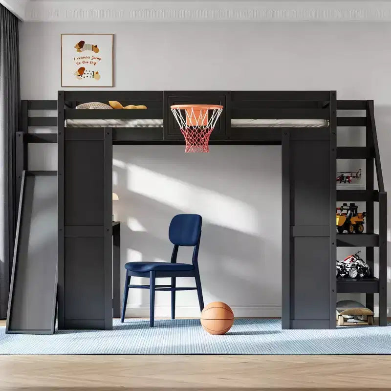 Luxystar Full Wooden Loft bed with Desk, Slide, Basketball hoop and Storage Staircase for Kids and Teens