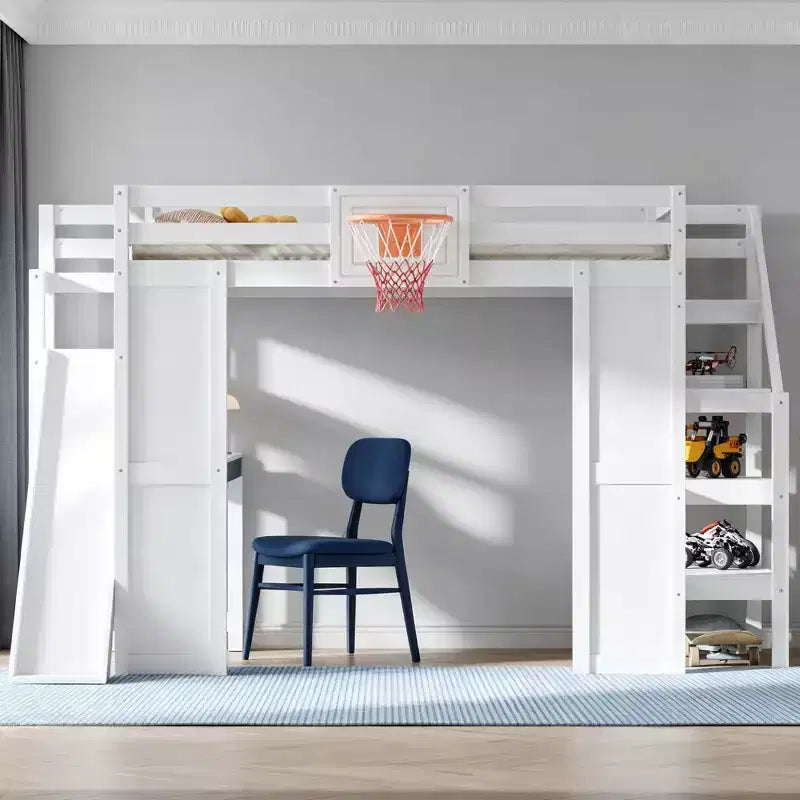 Lit mezzanine en bois massif avec bureau, toboggan, panier de basket et escalier de rangement