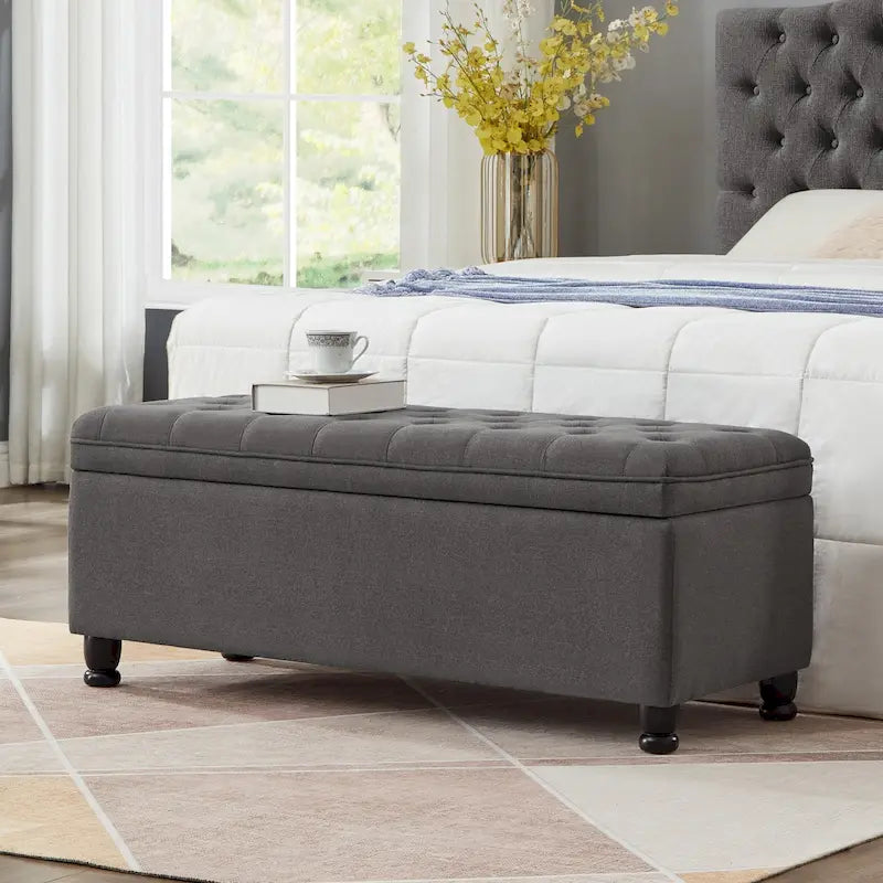 Linen Fabric Tufted Button Storage Bench with Spindle Wooden Legs