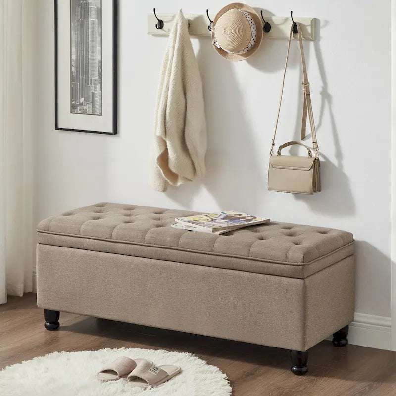 Linen Fabric Tufted Button Storage Bench with Spindle Wooden Legs
