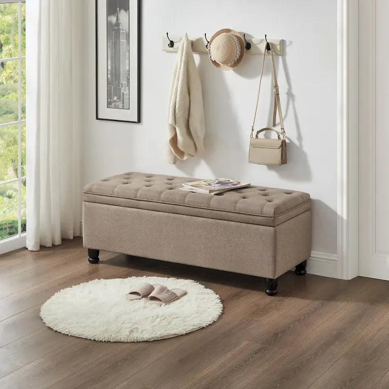 Linen Fabric Tufted Button Storage Bench with Spindle Wooden Legs