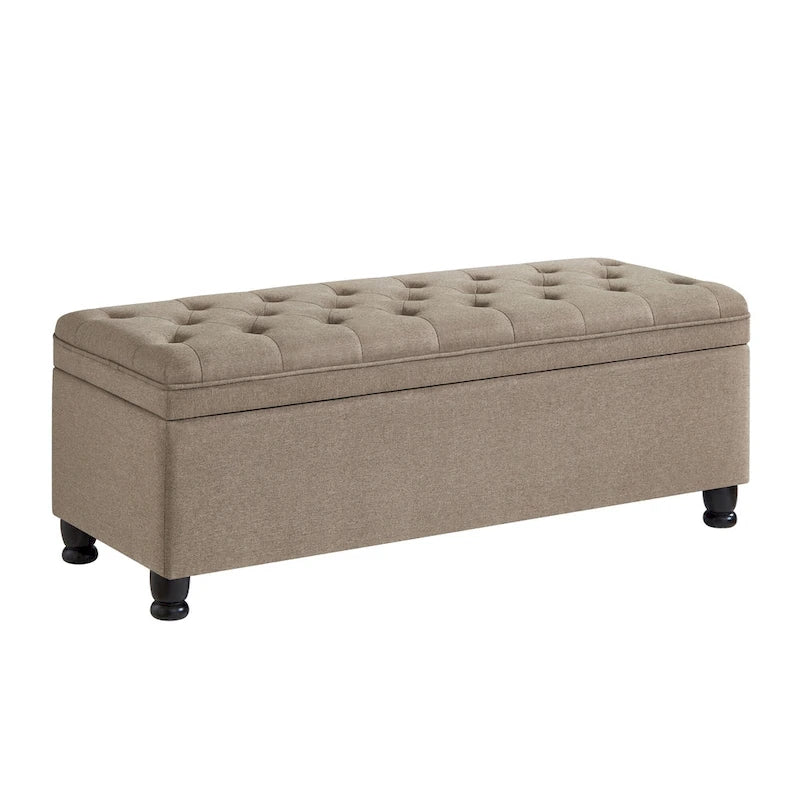 Linen Fabric Tufted Button Storage Bench with Spindle Wooden Legs
