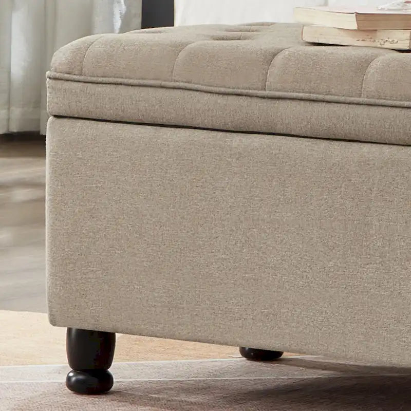 Linen Fabric Tufted Button Storage Bench with Spindle Wooden Legs