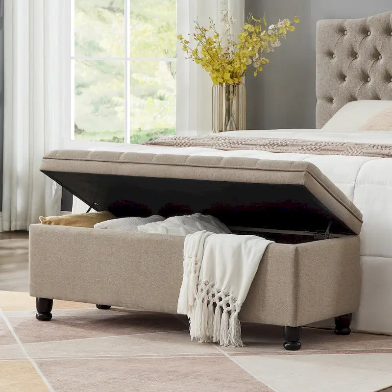 Linen Fabric Tufted Button Storage Bench with Spindle Wooden Legs