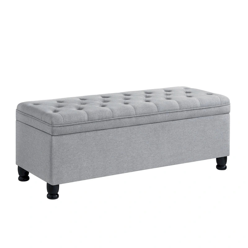 Linen Fabric Tufted Button Storage Bench with Spindle Wooden Legs