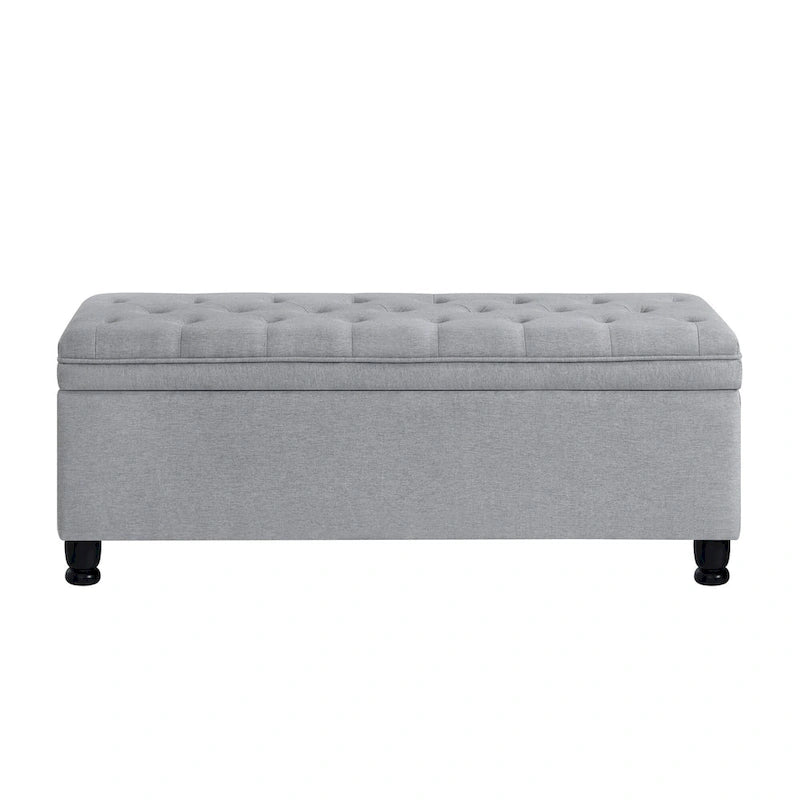 Linen Fabric Tufted Button Storage Bench with Spindle Wooden Legs