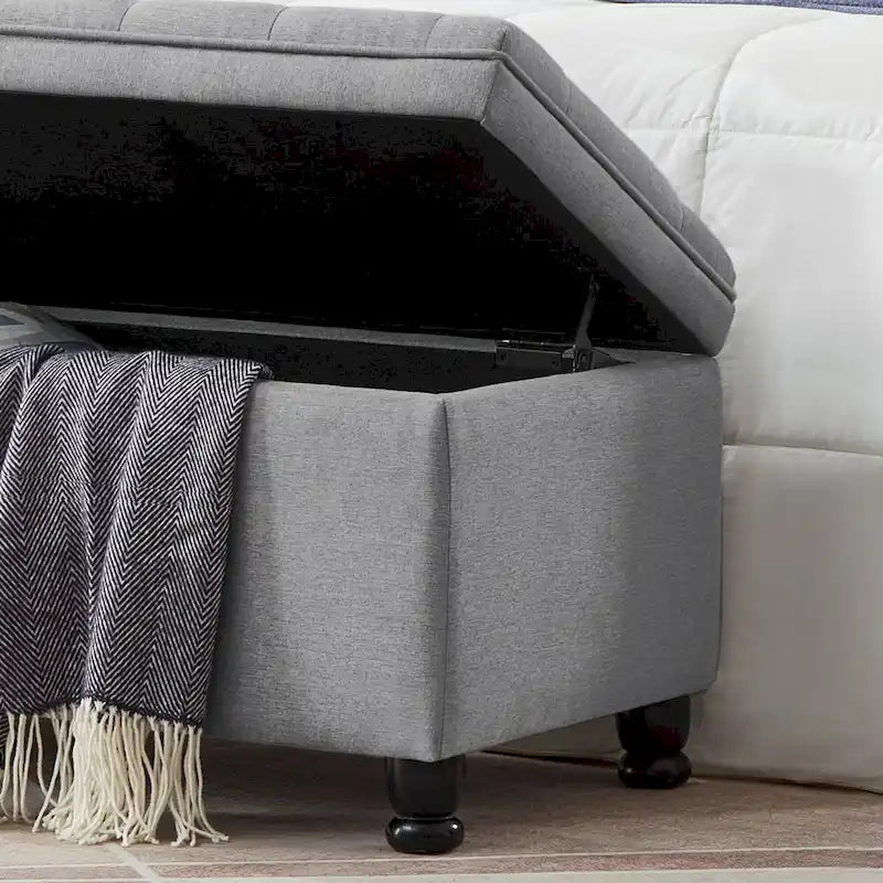 Linen Fabric Tufted Button Storage Bench with Spindle Wooden Legs
