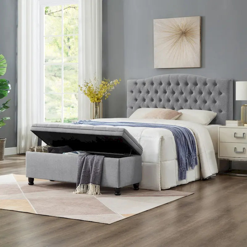 Linen Fabric Tufted Button Storage Bench with Spindle Wooden Legs