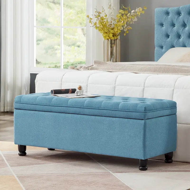 Linen Fabric Tufted Button Storage Bench with Spindle Wooden Legs