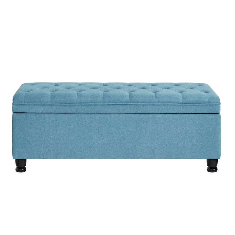 Linen Fabric Tufted Button Storage Bench with Spindle Wooden Legs
