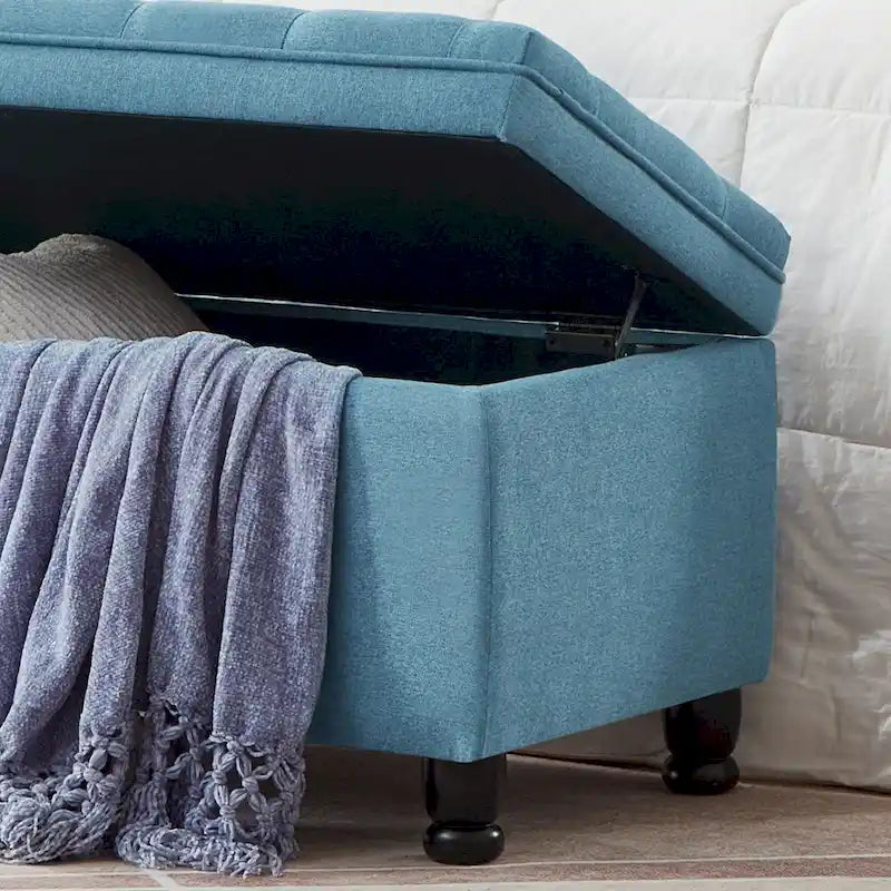 Linen Fabric Tufted Button Storage Bench with Spindle Wooden Legs