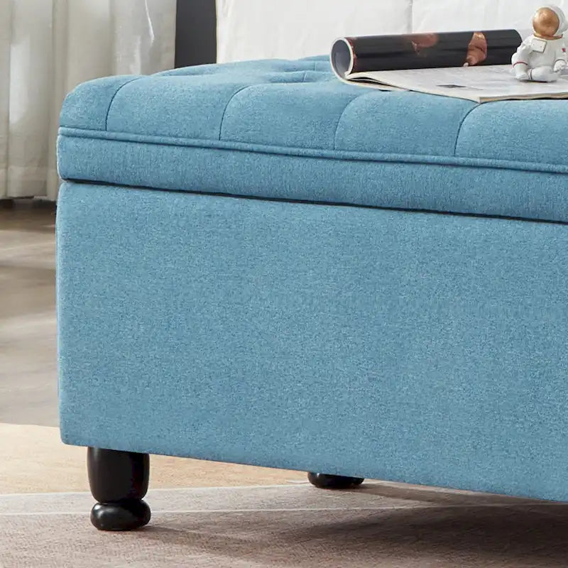 Linen Fabric Tufted Button Storage Bench with Spindle Wooden Legs