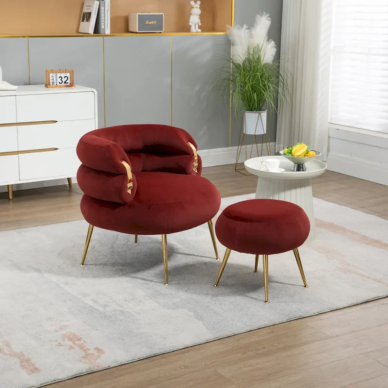 Wine Red Modern 29.1 Barrel Chair with Ottoman