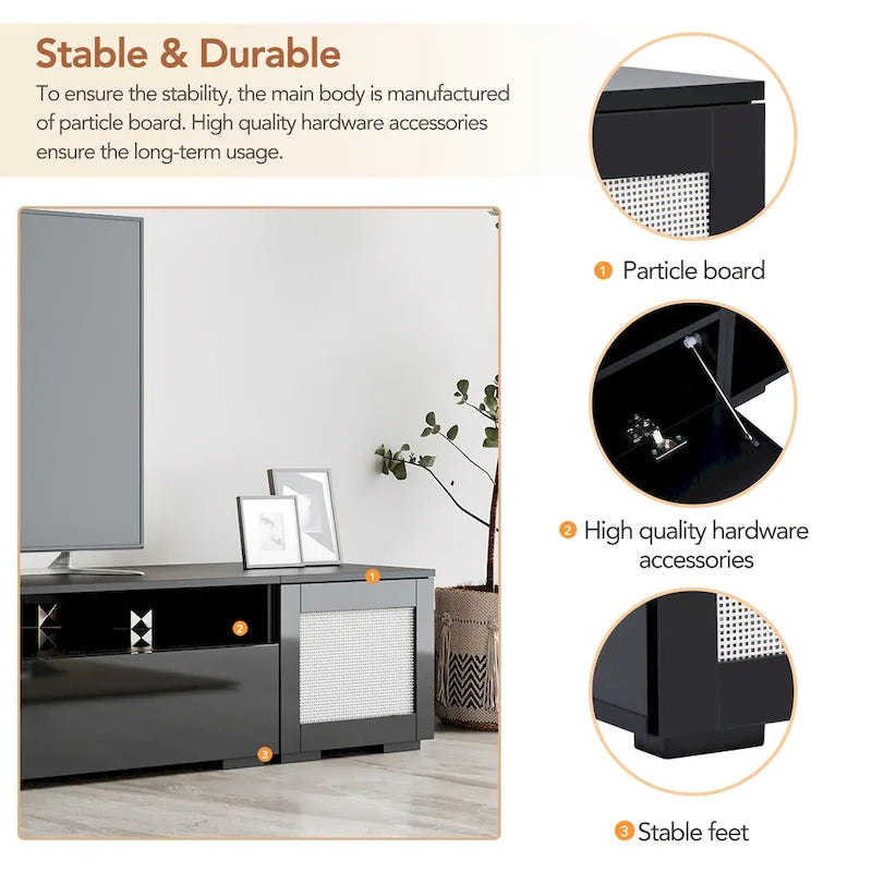 Black 82.6 TV Stand with Push-Open Doors & LED for 90 TVs