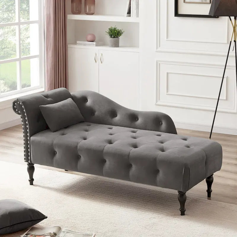 60.6 Velvet Upholstered Button Tufted Chaise Lounge Chair with Nailheads
