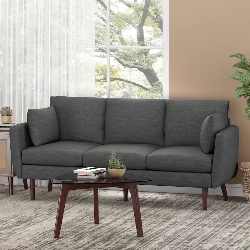 3-Seater Sofa with Pillow-Back Design and Birchwood Legs, Charcoal Fabric